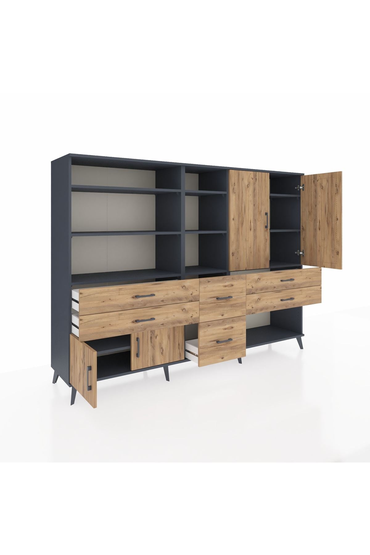 Hyperion Dolap 10 Raflı 6 Çekmeceli 4 Kapaklı 220x44x163 Antrasit-Çam