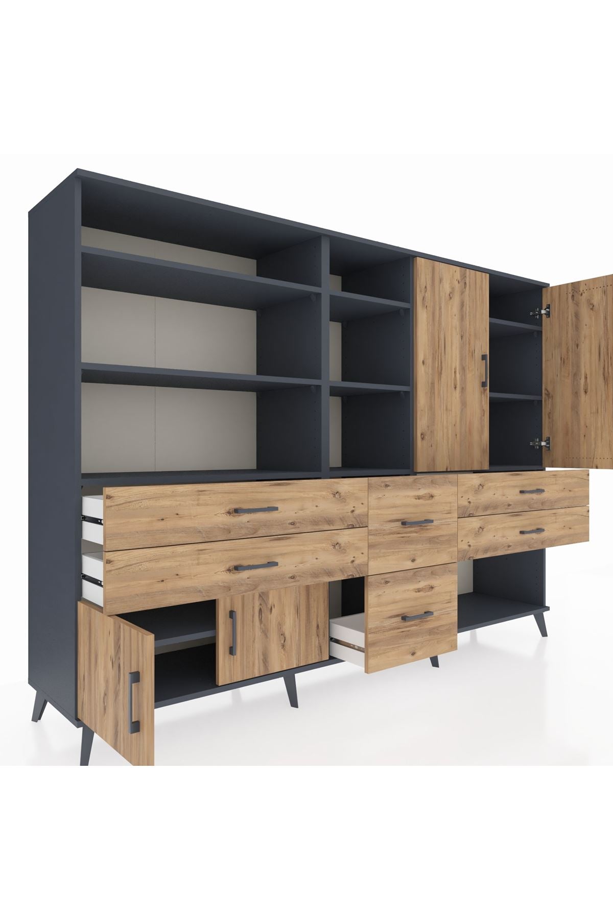 Hyperion Dolap 10 Raflı 6 Çekmeceli 4 Kapaklı 220x44x163 Antrasit-Çam