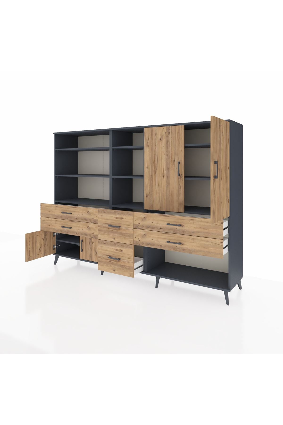 Hyperion Dolap 10 Raflı 6 Çekmeceli 4 Kapaklı 220x44x163 Antrasit-Çam