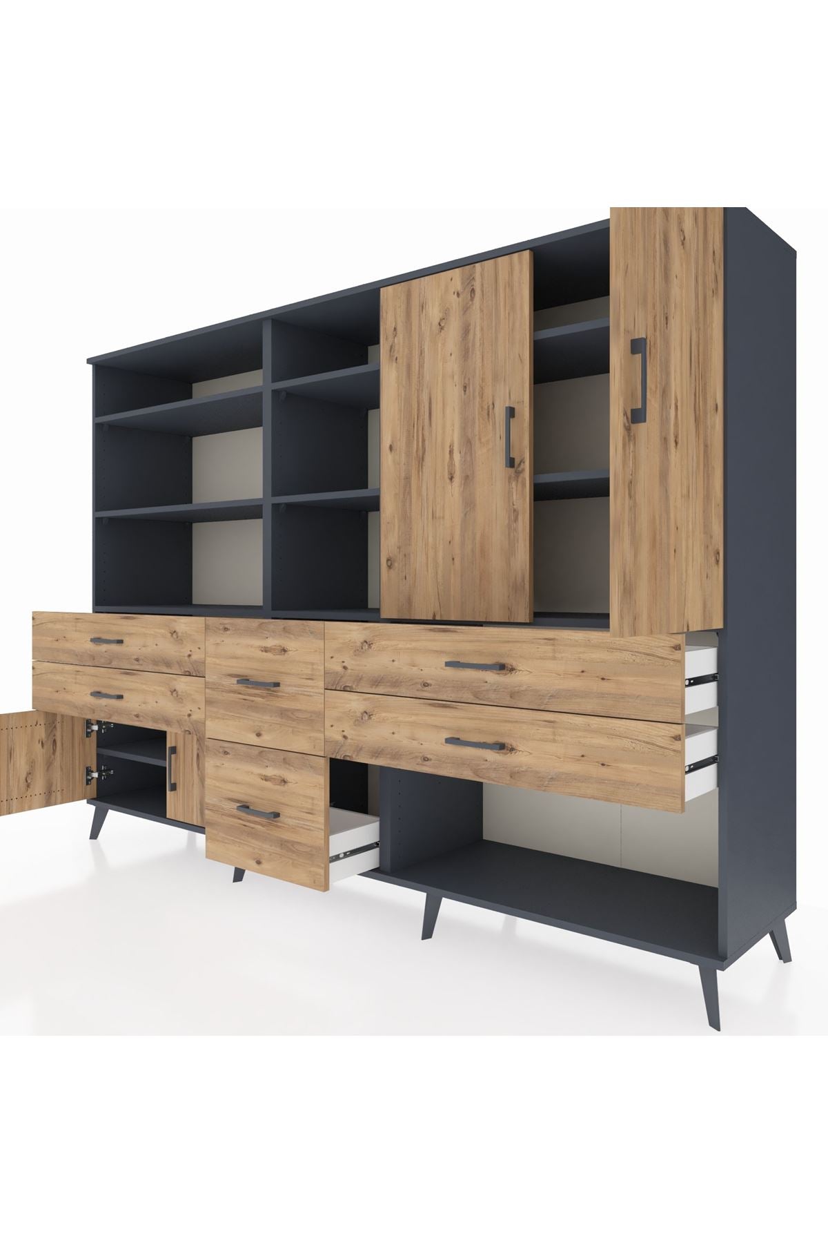 Hyperion Dolap 10 Raflı 6 Çekmeceli 4 Kapaklı 220x44x163 Antrasit-Çam