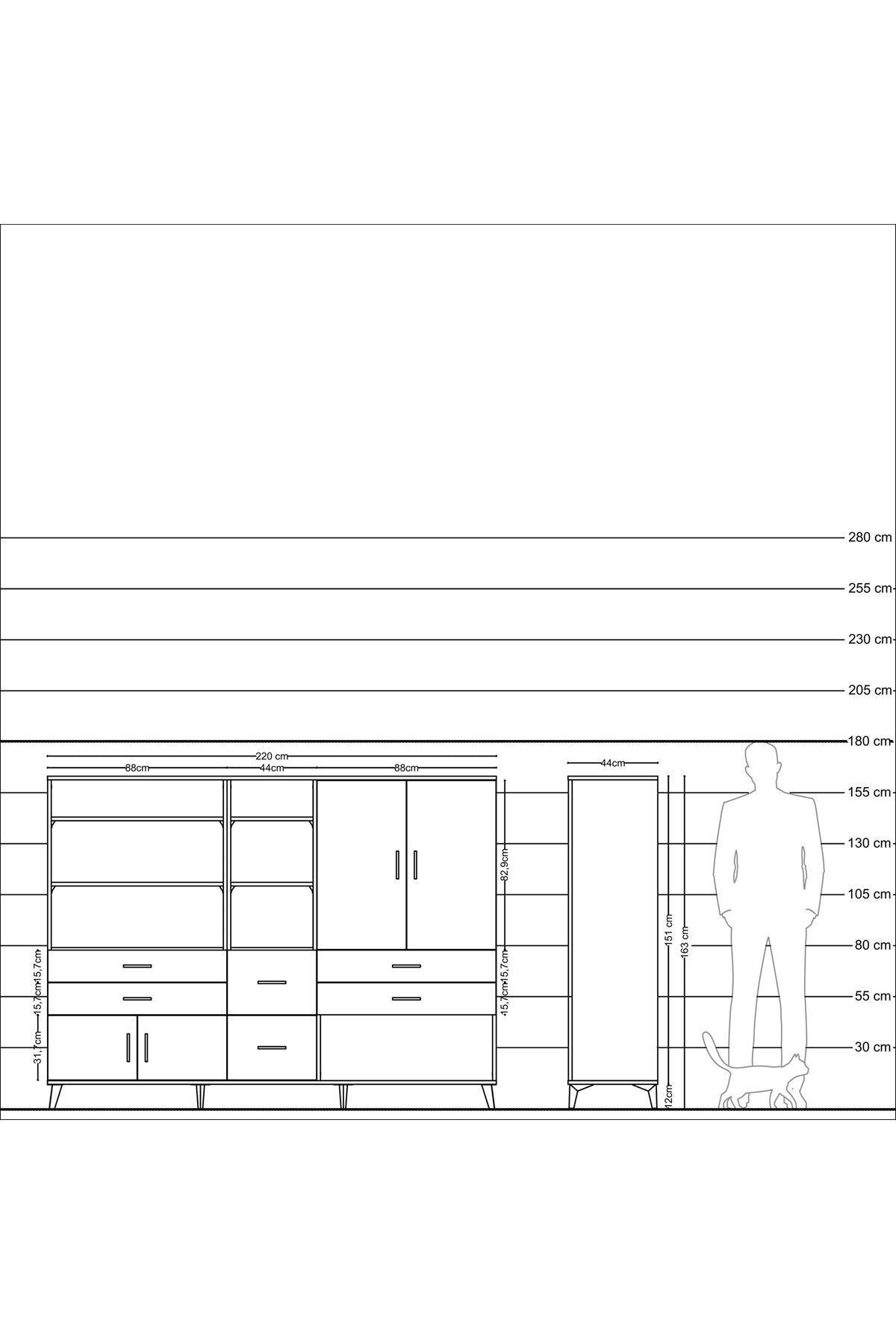 Hyperion Dolap 10 Raflı 6 Çekmeceli 4 Kapaklı 220x44x163 Antrasit-Çam