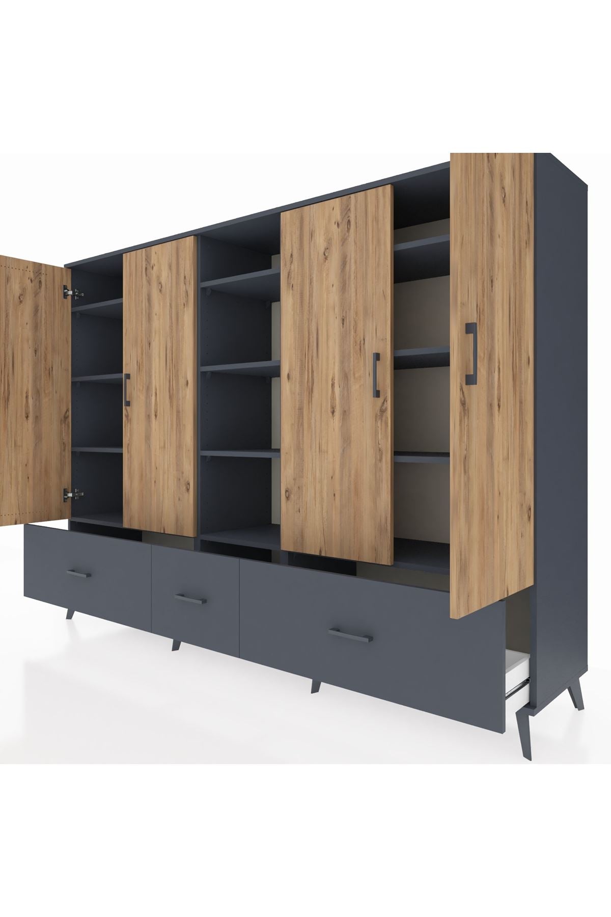 Hyperion Dolap 12 Raflı 3 Çekmeceli 4 Kapaklı 220x44x163 Antrasit-Çam/Antrasit