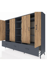 Hyperion Dolap 12 Raflı 3 Çekmeceli 4 Kapaklı 220x44x163 Antrasit-Çam/Antrasit