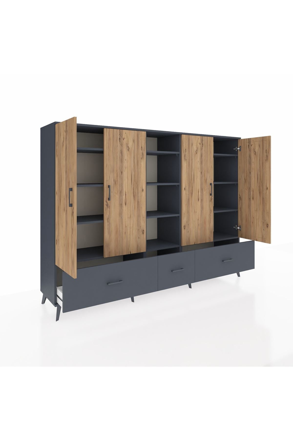 Hyperion Dolap 12 Raflı 3 Çekmeceli 4 Kapaklı 220x44x163 Antrasit-Çam/Antrasit