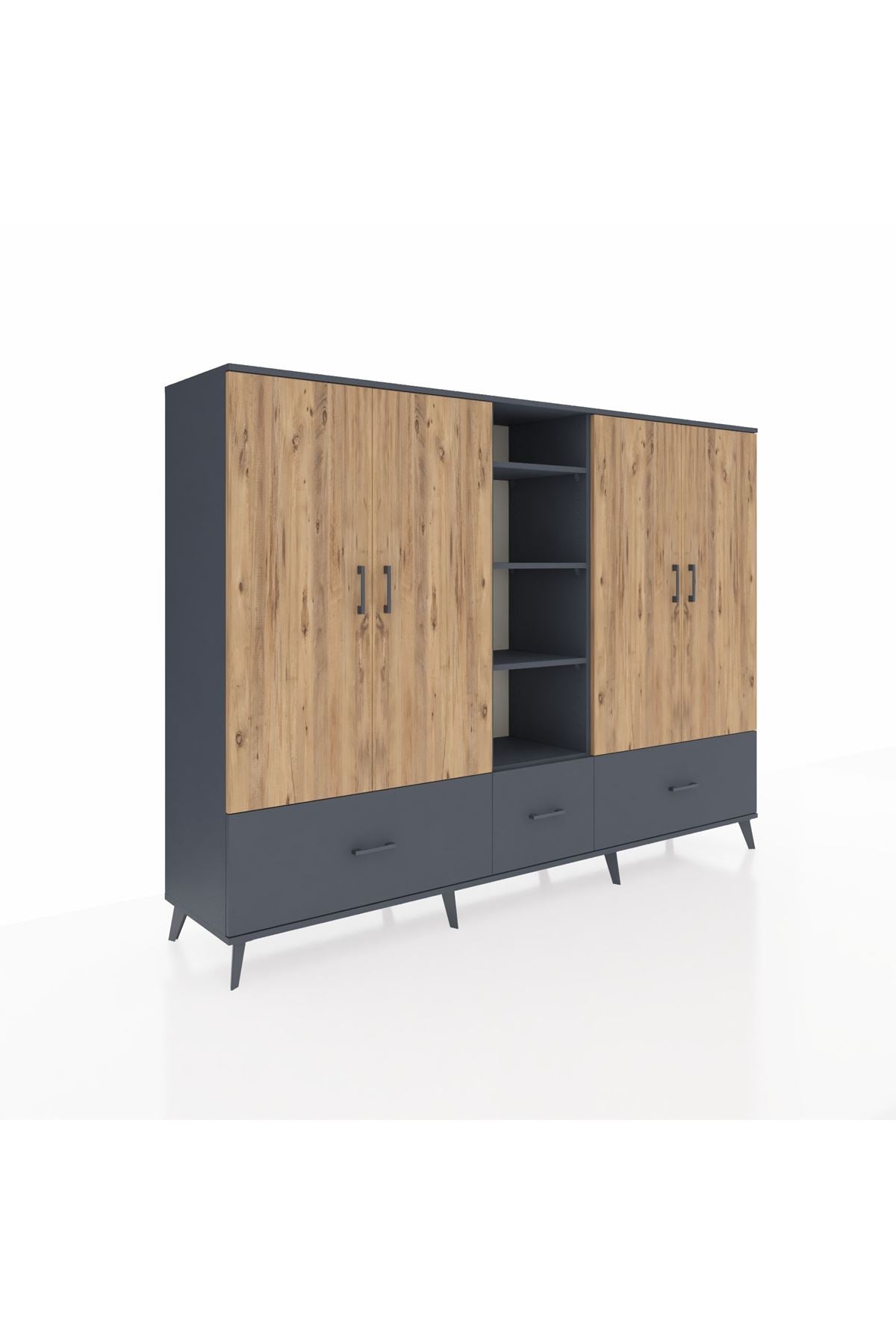 Hyperion Dolap 12 Raflı 3 Çekmeceli 4 Kapaklı 220x44x163 Antrasit-Çam/Antrasit
