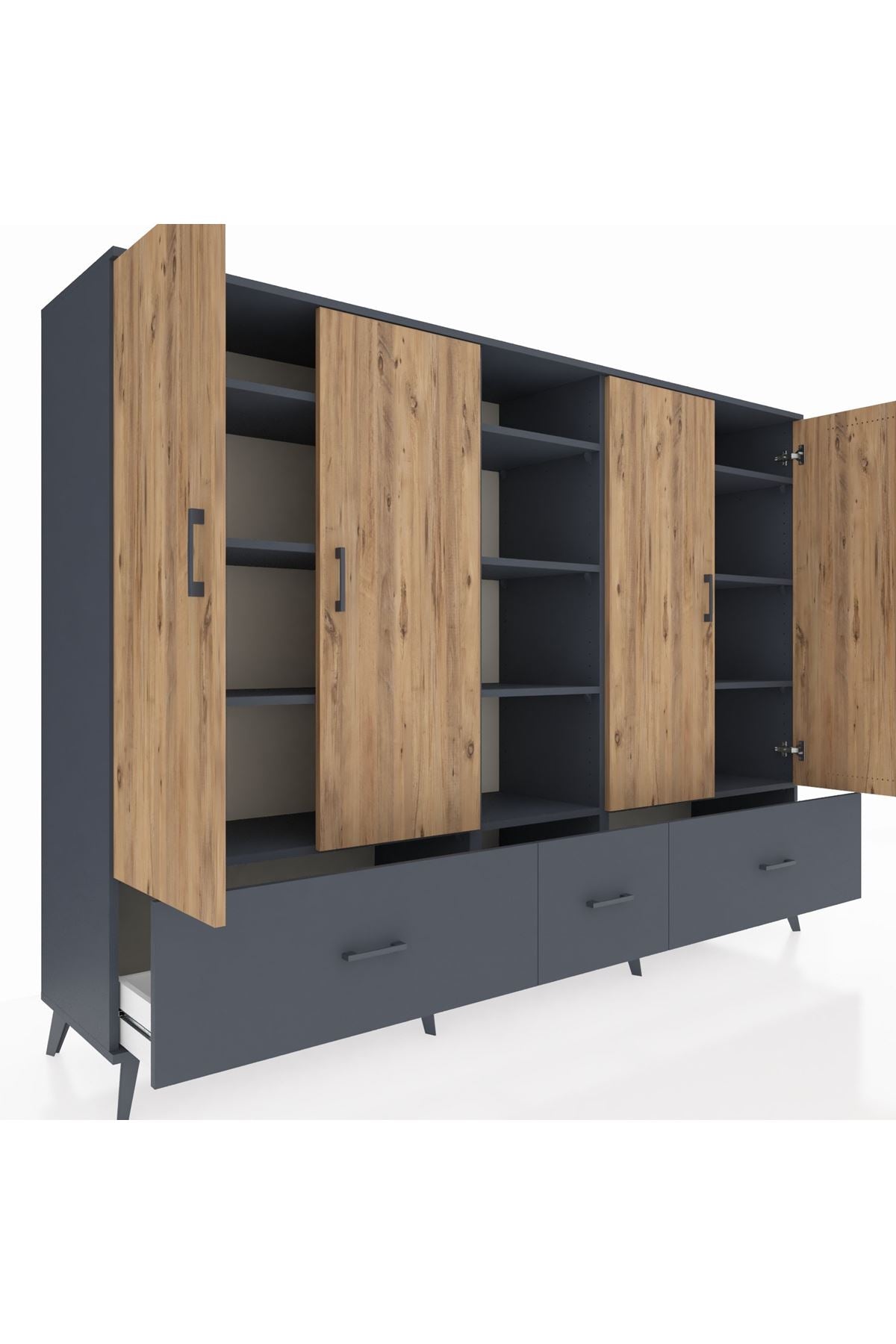 Hyperion Dolap 12 Raflı 3 Çekmeceli 4 Kapaklı 220x44x163 Antrasit-Çam/Antrasit
