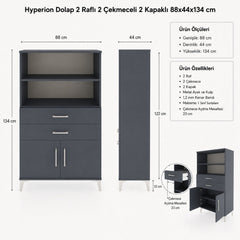 Hyperion Dolap 2 Raflı 2 Çekmeceli 2 Kapaklı 88x44x134 Antrasit-Antrasit