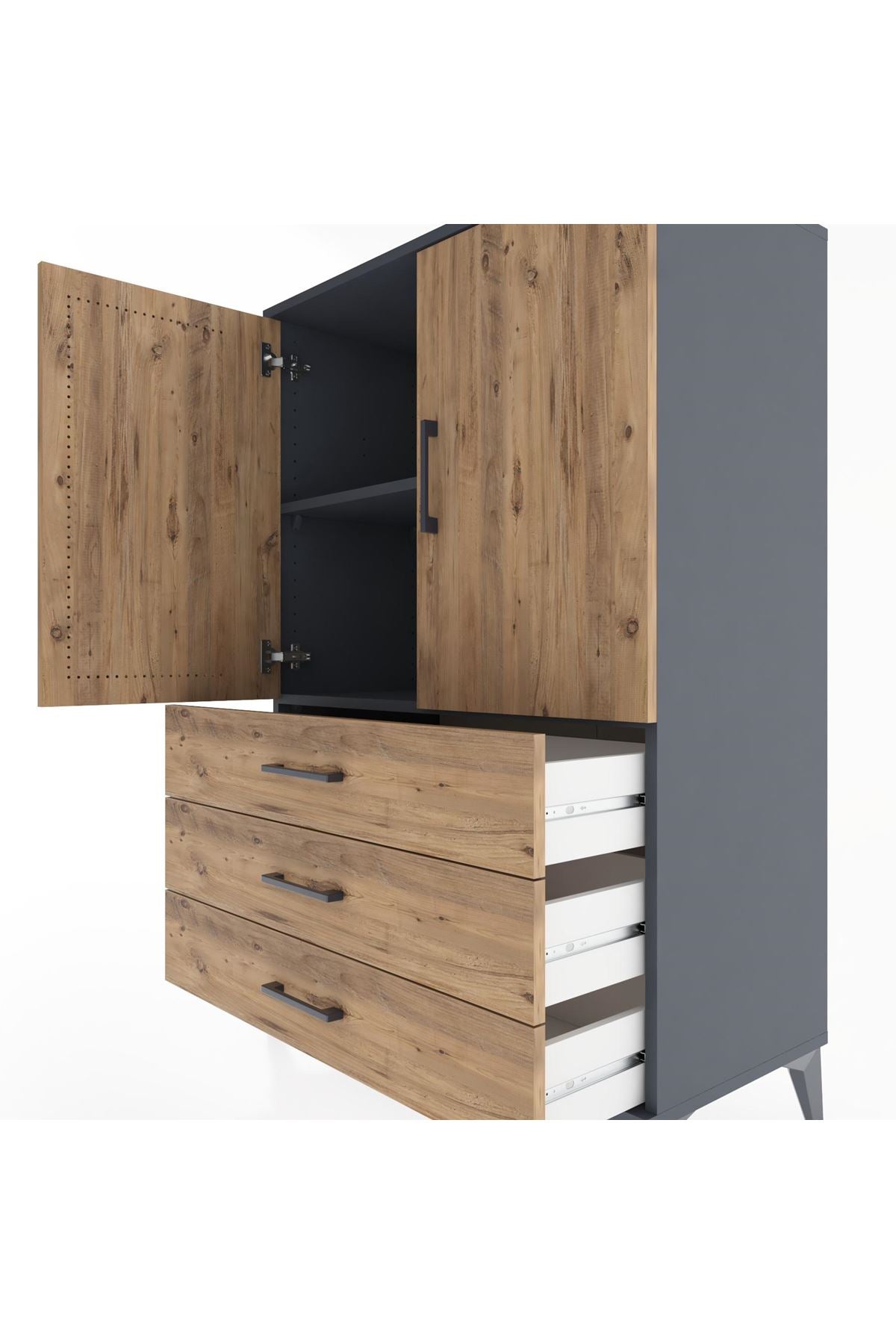 Hyperion Dolap 2 Raflı 3 Çekmeceli 2 Kapaklı 88x44x134 Antrasit-Çam