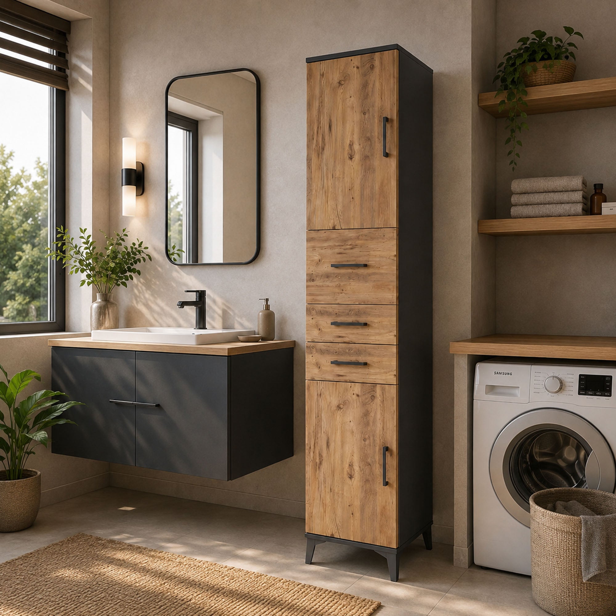 Hyperion Dolap 3 Raflı 3 Çekmeceli 2 Kapaklı 44x44x221 Antrasit-Çam
