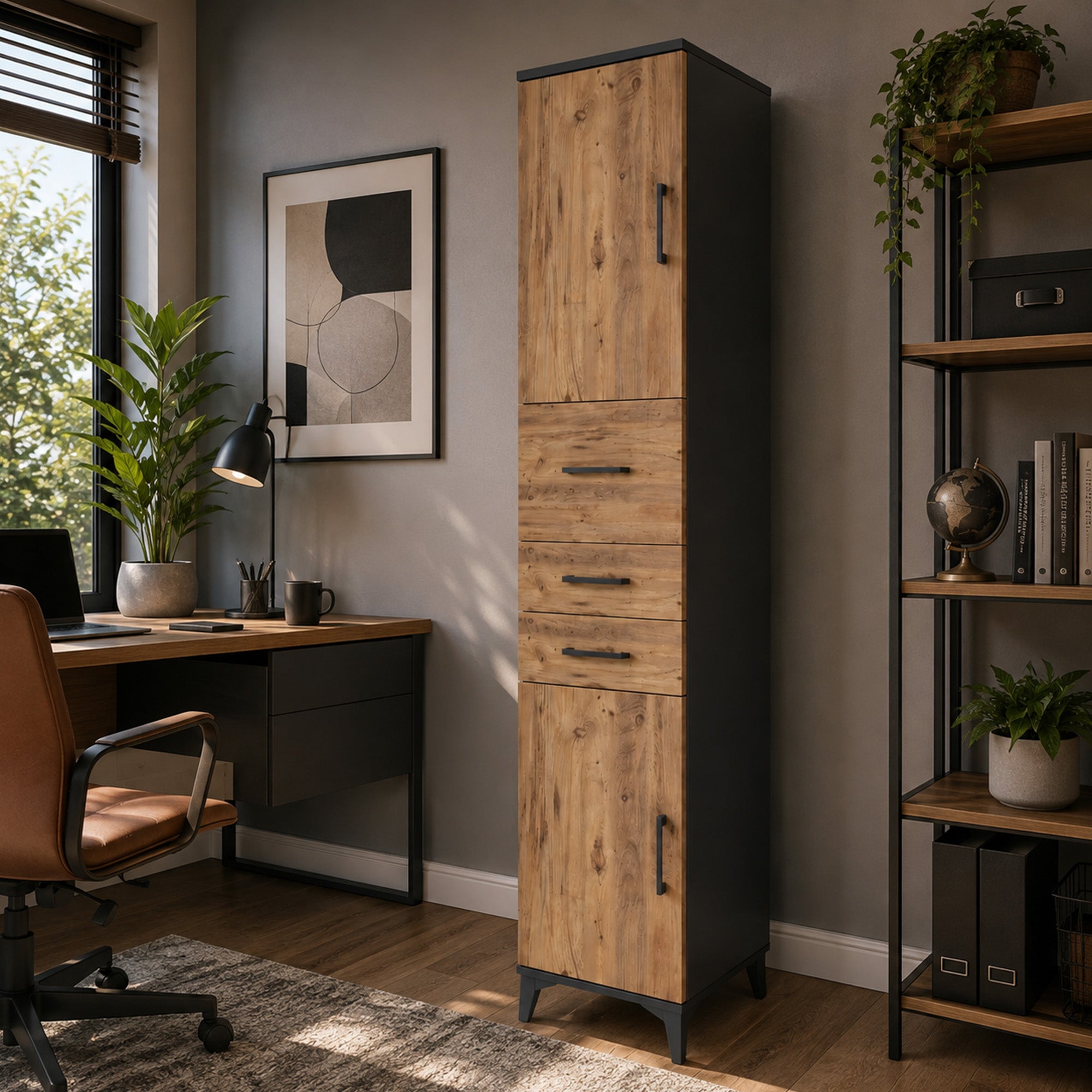 Hyperion Dolap 3 Raflı 3 Çekmeceli 2 Kapaklı 44x44x221 Antrasit-Çam