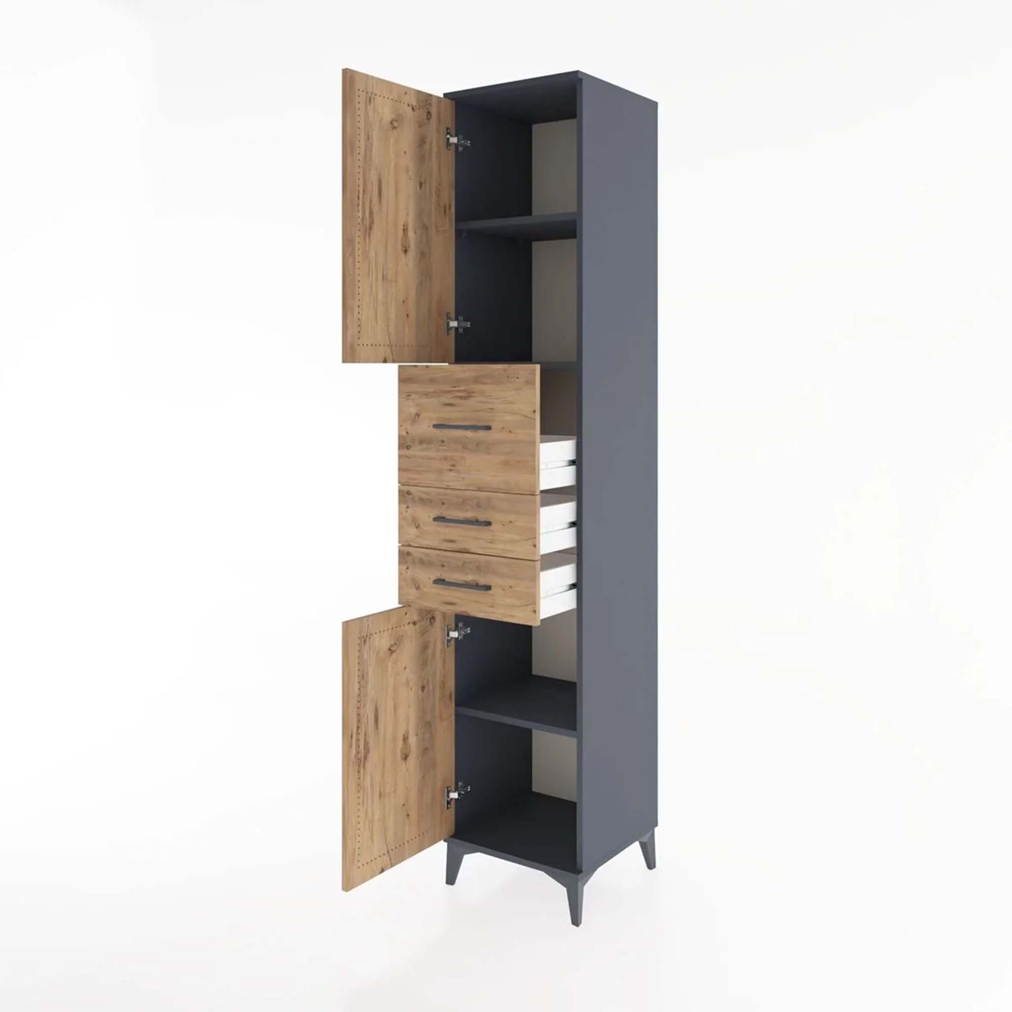 Hyperion Dolap 3 Raflı 3 Çekmeceli 2 Kapaklı 44x44x221 Antrasit-Çam