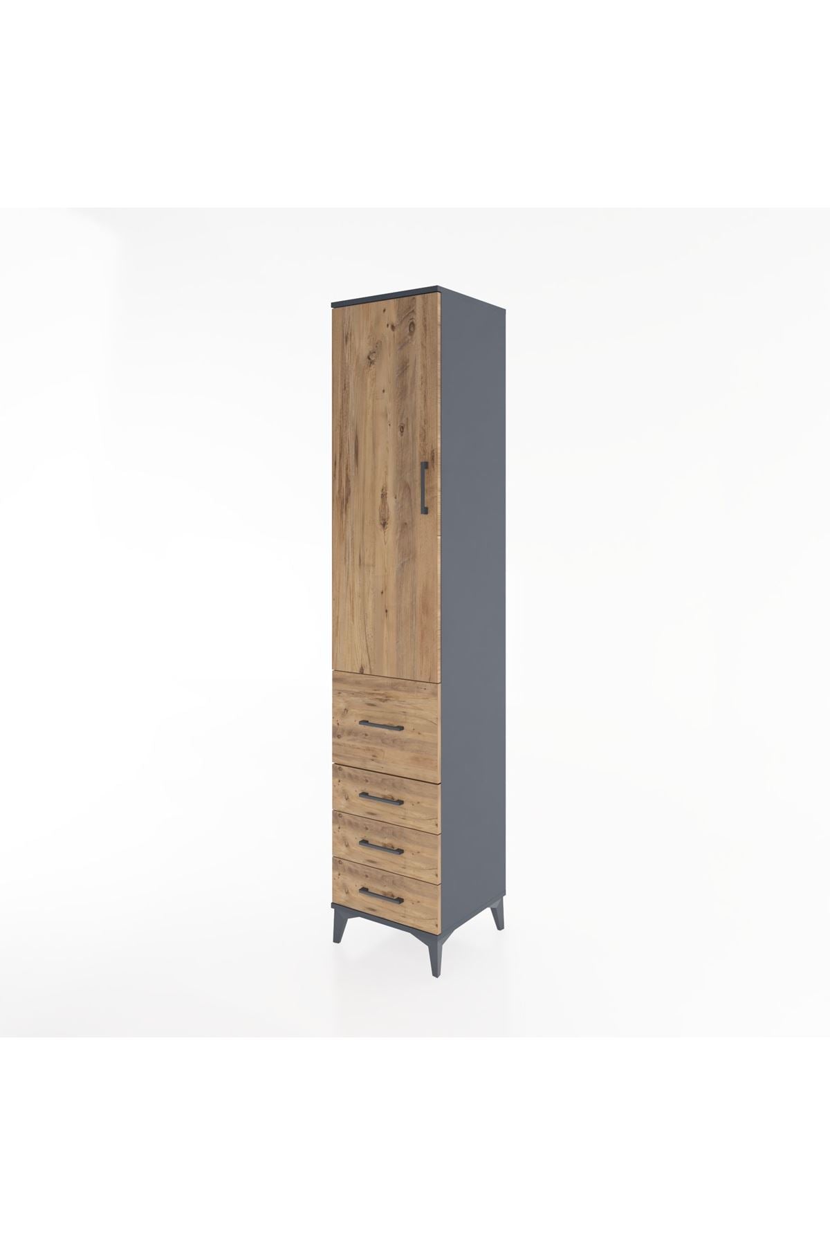 Hyperion Dolap 3 Raflı 4 Çekmeceli Tek Kapaklı 44x44x221 Antrasit-Çam