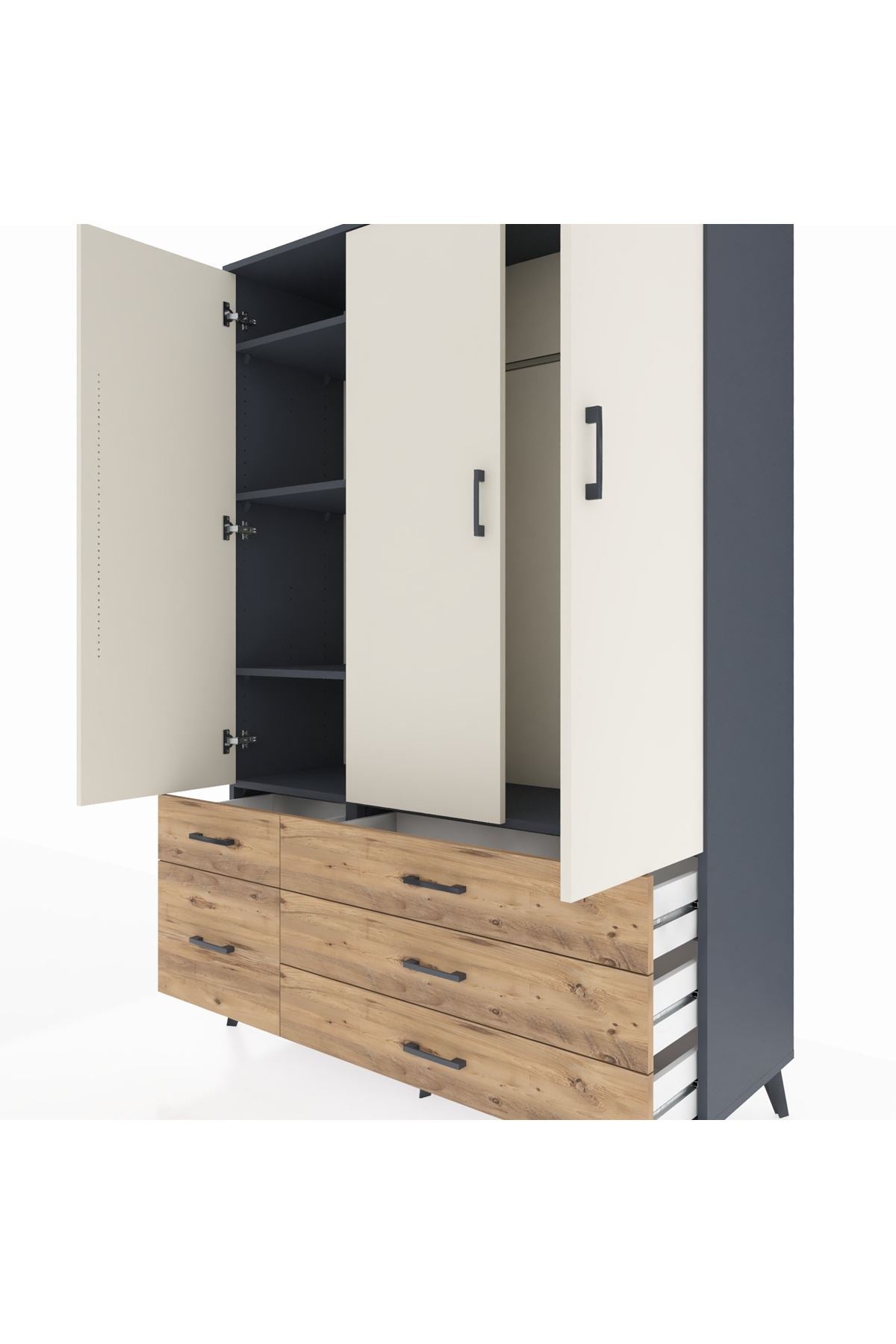 Hyperion Dolap 5 Raflı 5 Çekmeceli Tek Askılı 132x44x195 Antrasit-Aytaşı/Çam