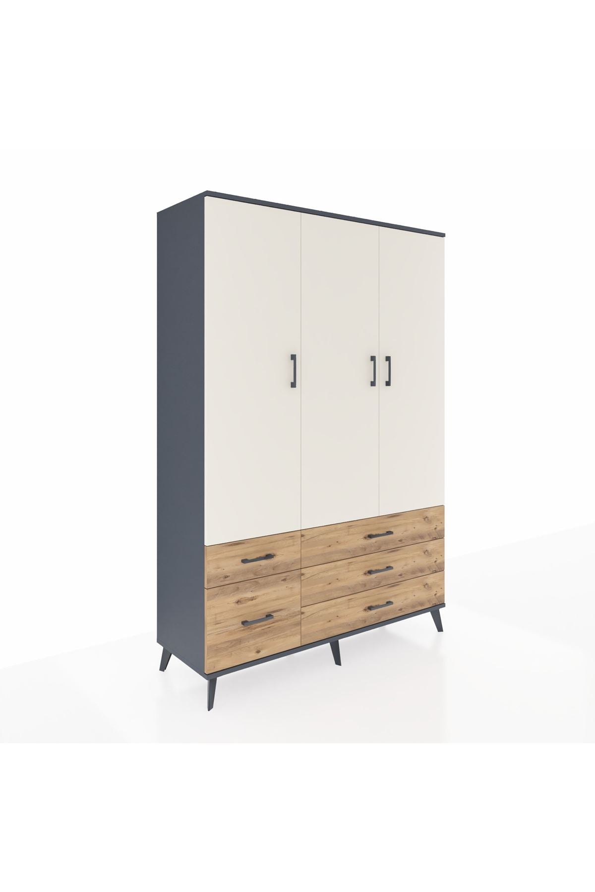 Hyperion Dolap 5 Raflı 5 Çekmeceli Tek Askılı 132x44x195 Antrasit-Aytaşı/Çam