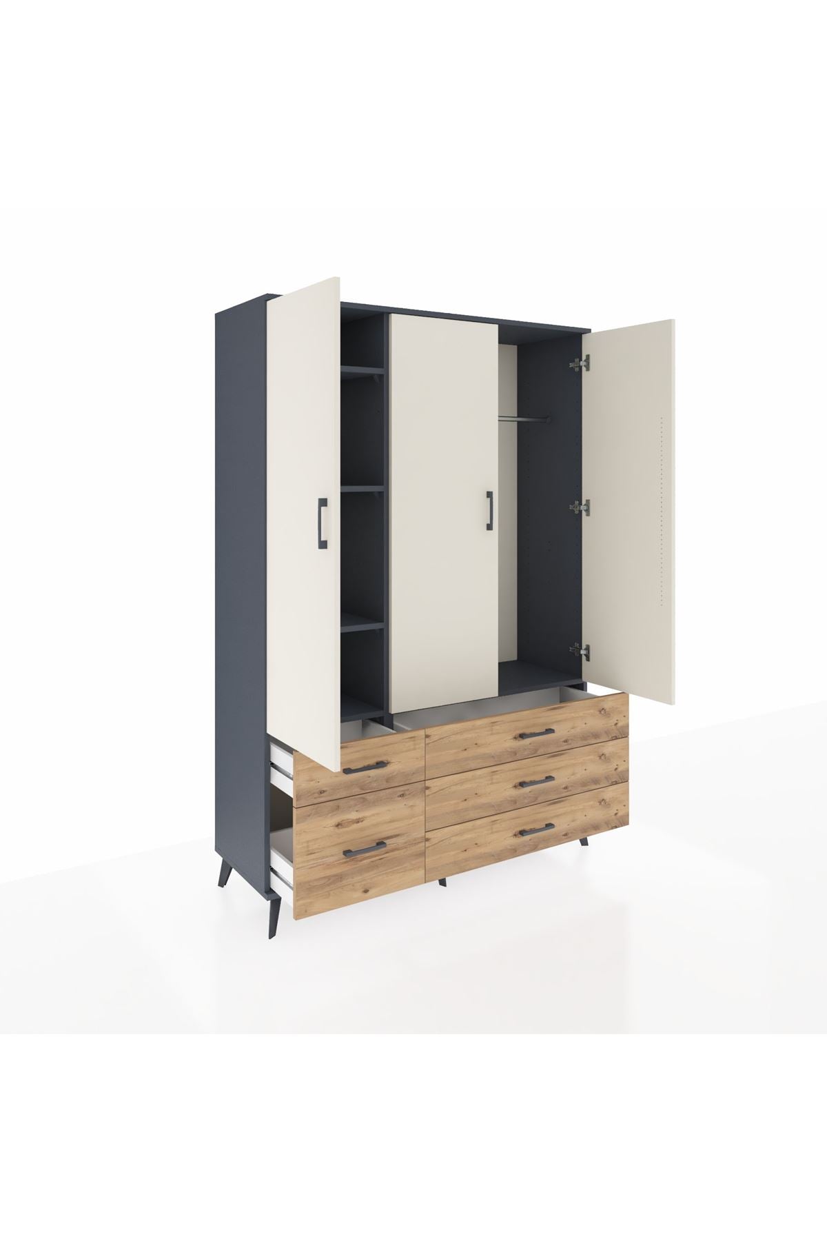 Hyperion Dolap 5 Raflı 5 Çekmeceli Tek Askılı 132x44x195 Antrasit-Aytaşı/Çam