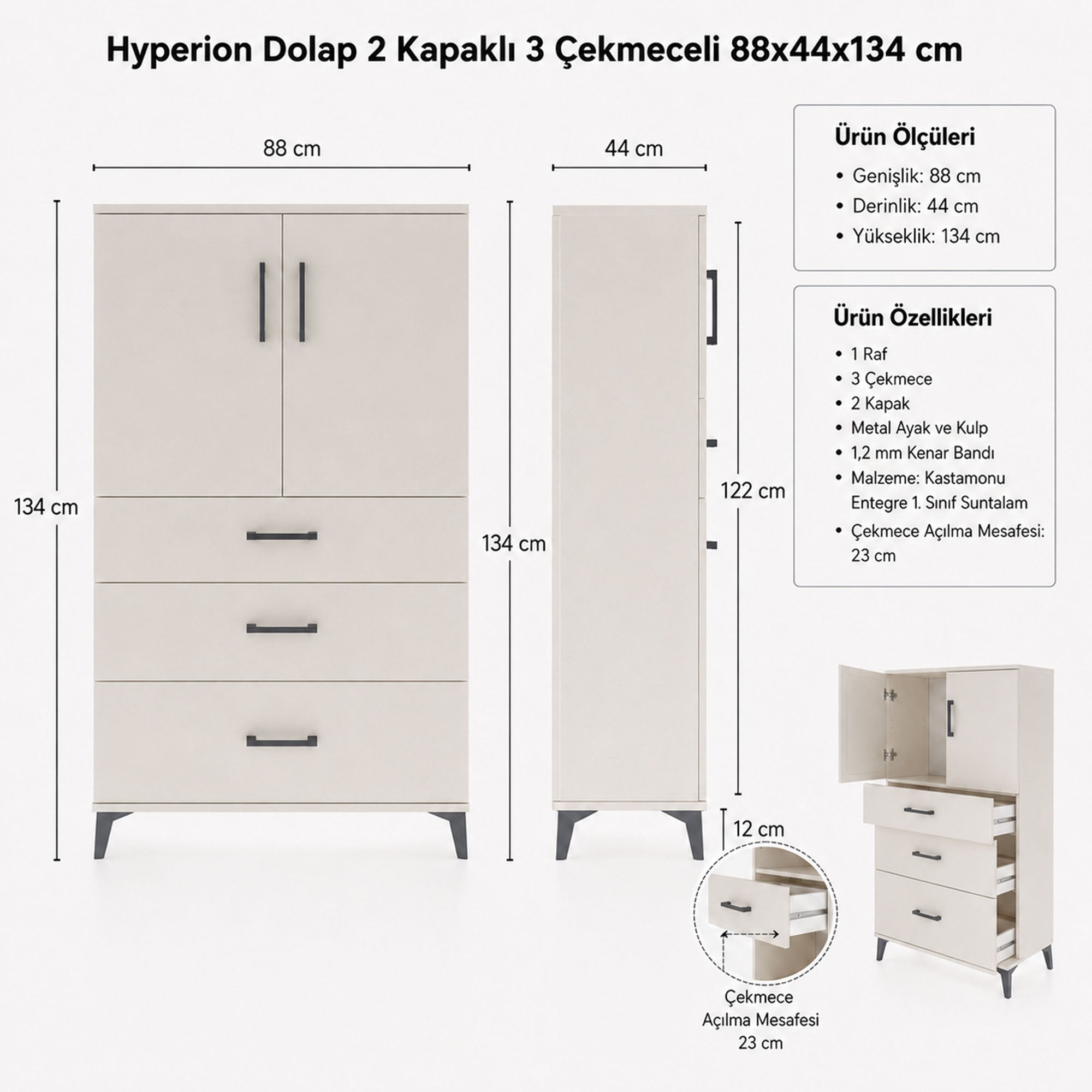 Hyperion Dolap Tek Raflı 3 Çekmeceli 2 Kapaklı 88x44x134 Aytaşı-Aytaşı