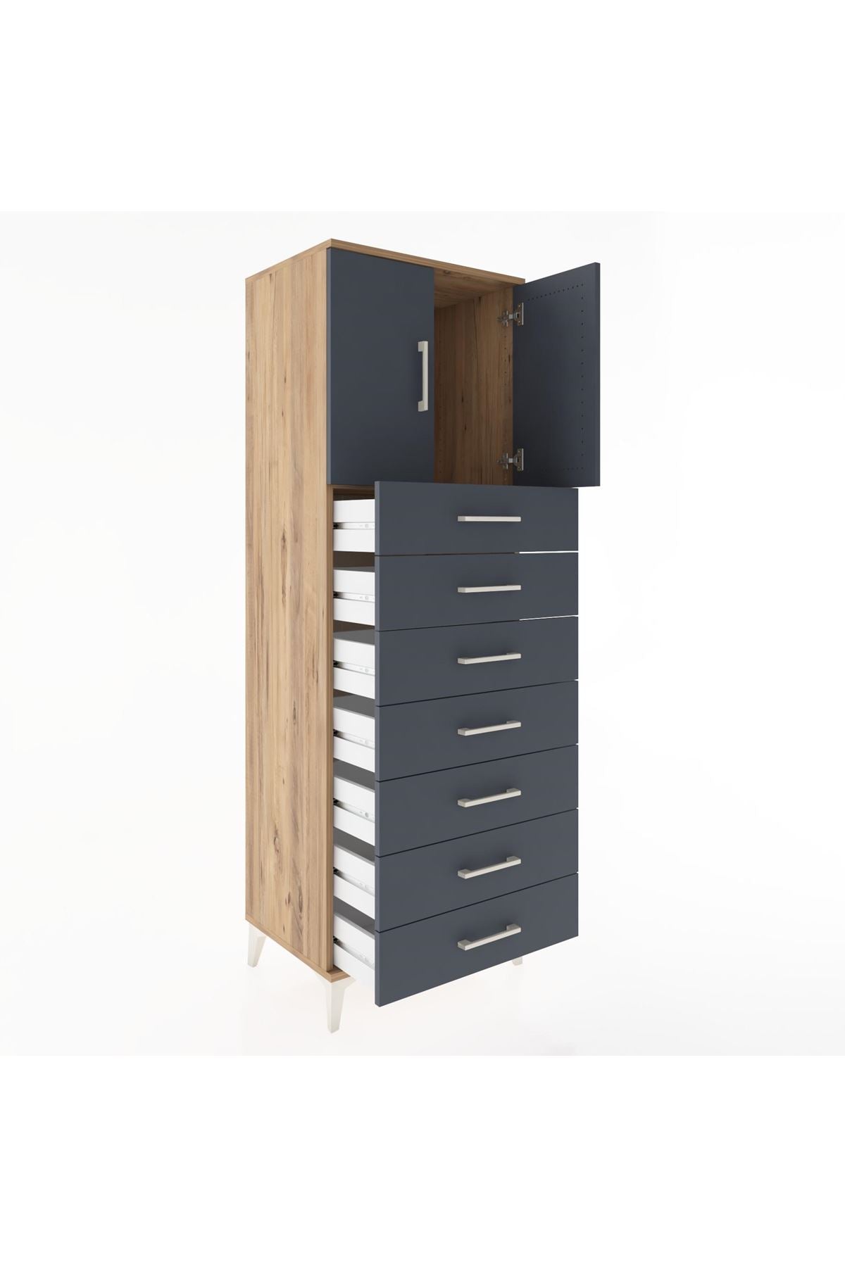 Hyperion Dolap Tek Raflı 7 Çekmeceli 2 Kapaklı 60x44x182 Çam-Antrasit