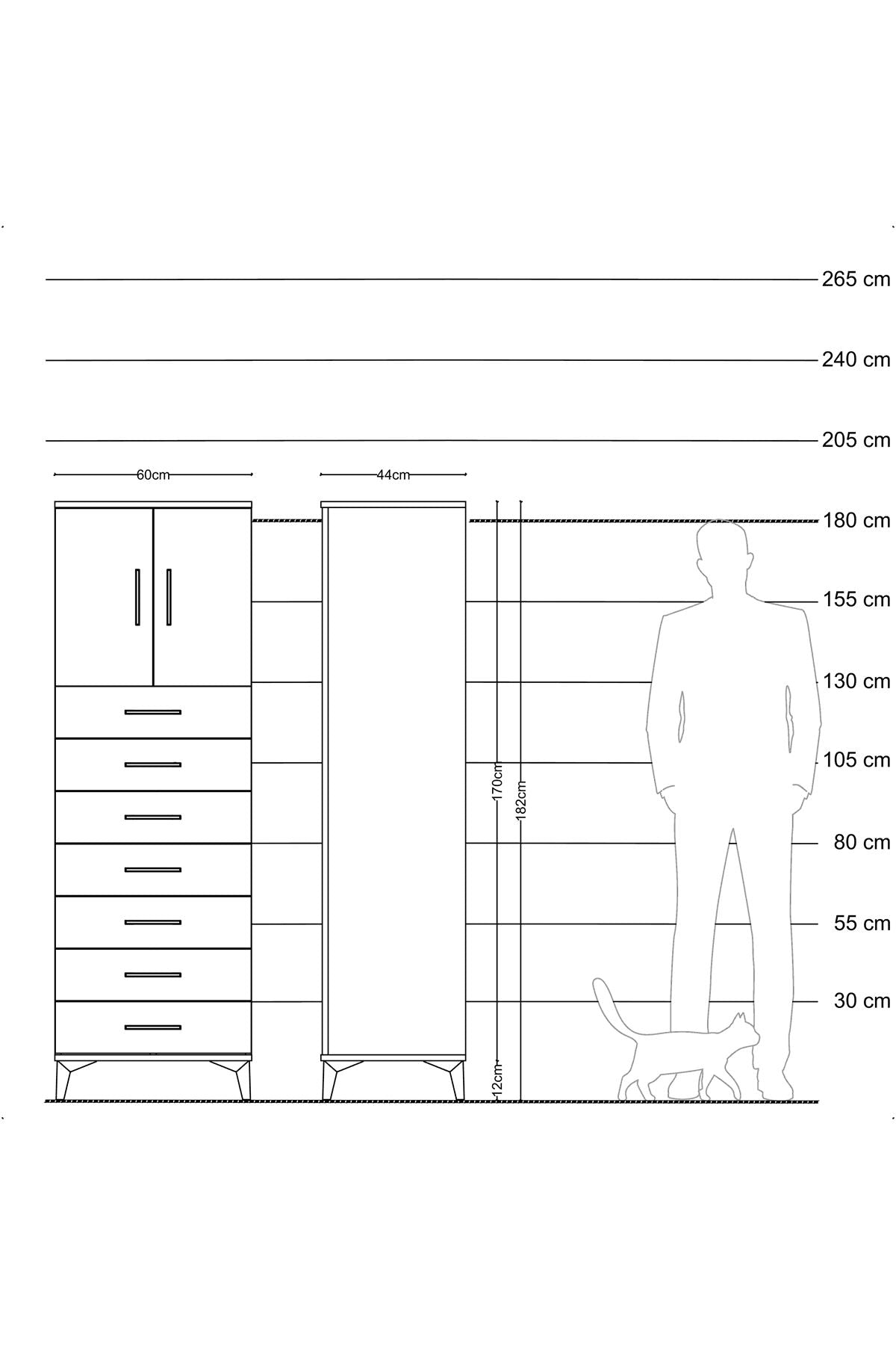 Hyperion Dolap Tek Raflı 7 Çekmeceli 2 Kapaklı 60x44x182 Çam-Antrasit