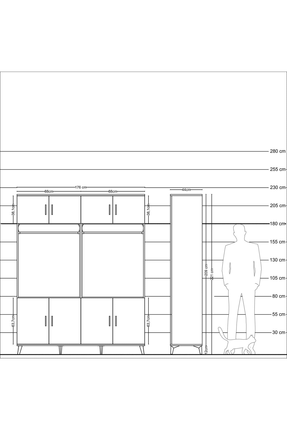Hyperion Gardrop 10 Raflı 8 Kapaklı 2 Askılı 176x44x221 Çam-Antrasit/Aytaşı