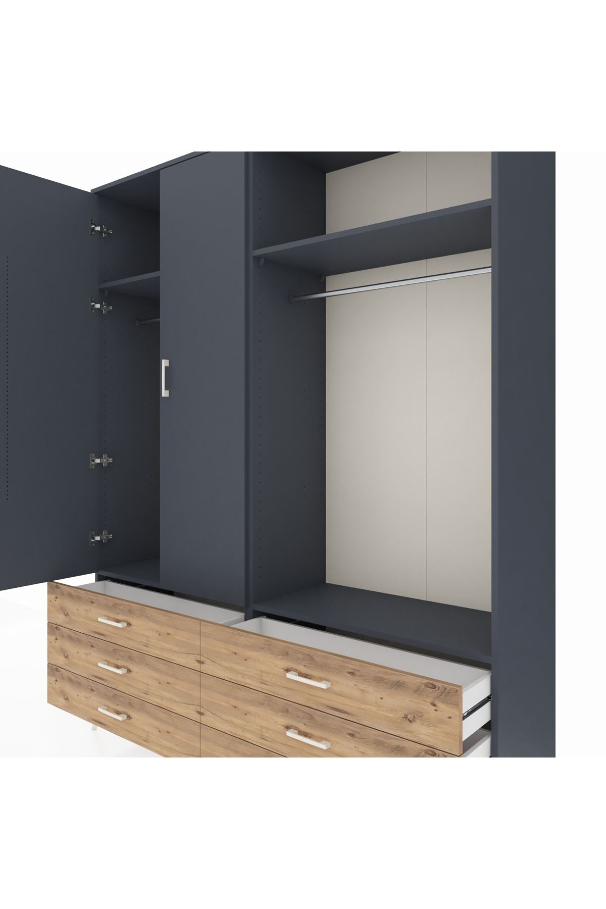Hyperion Gardrop 4 Raflı 6 Çekmeceli 2 Askılı 176x44x221 Antrasit-Antrasit/Çam