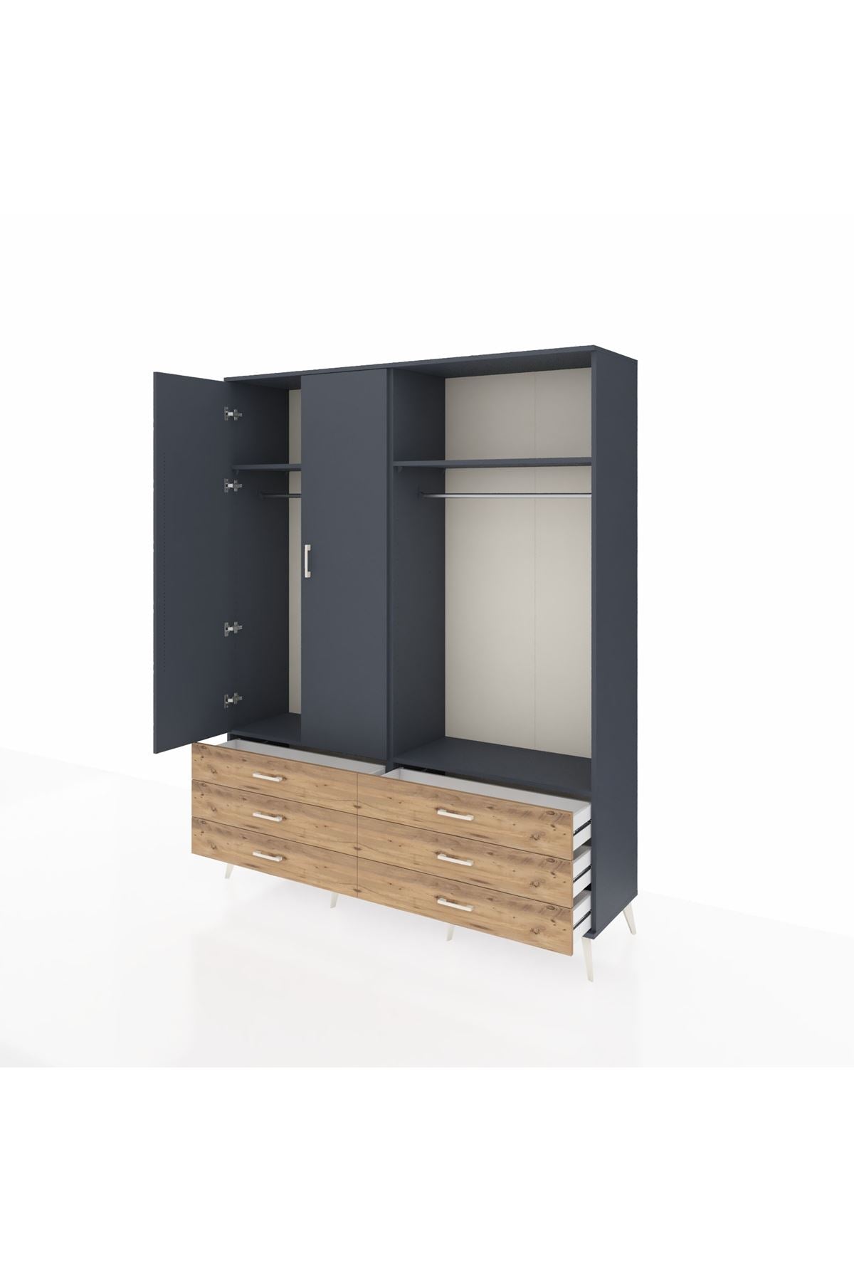 Hyperion Gardrop 4 Raflı 6 Çekmeceli 2 Askılı 176x44x221 Antrasit-Antrasit/Çam