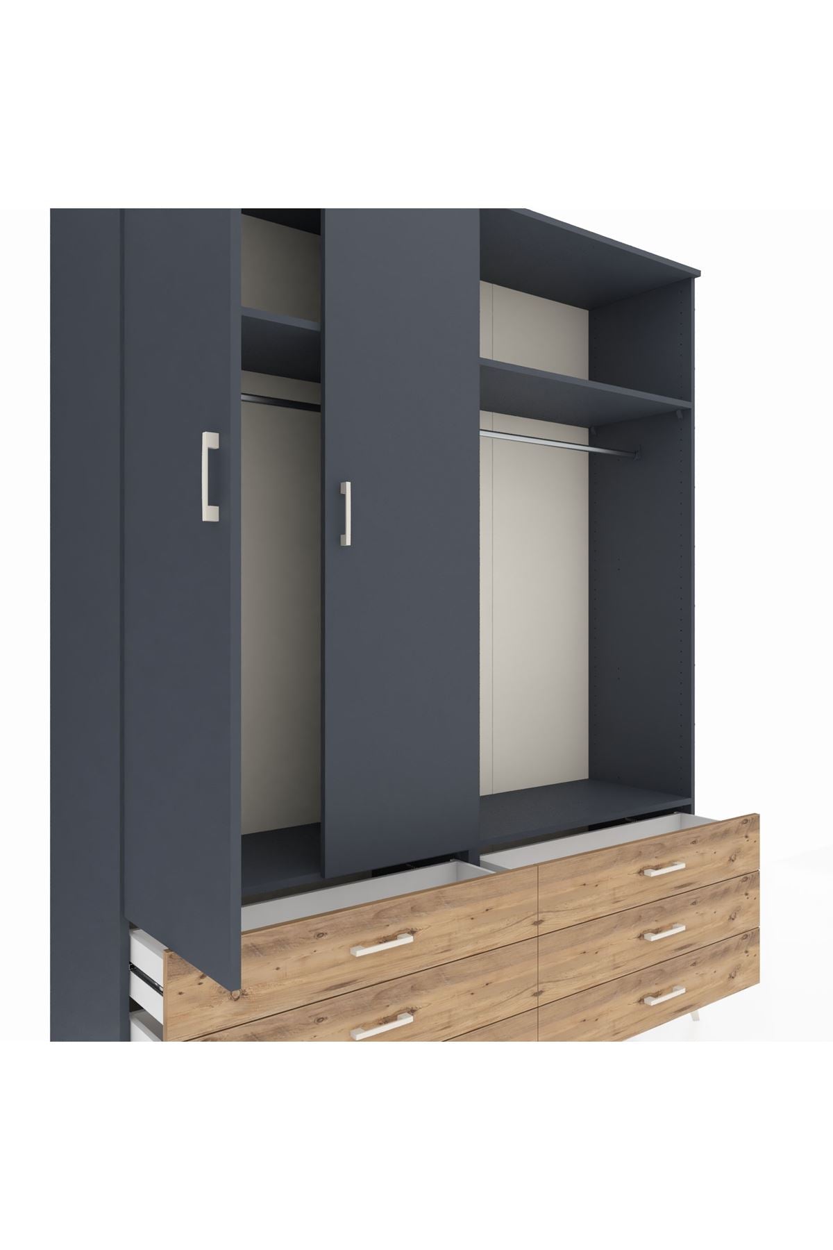 Hyperion Gardrop 4 Raflı 6 Çekmeceli 2 Askılı 176x44x221 Antrasit-Antrasit/Çam