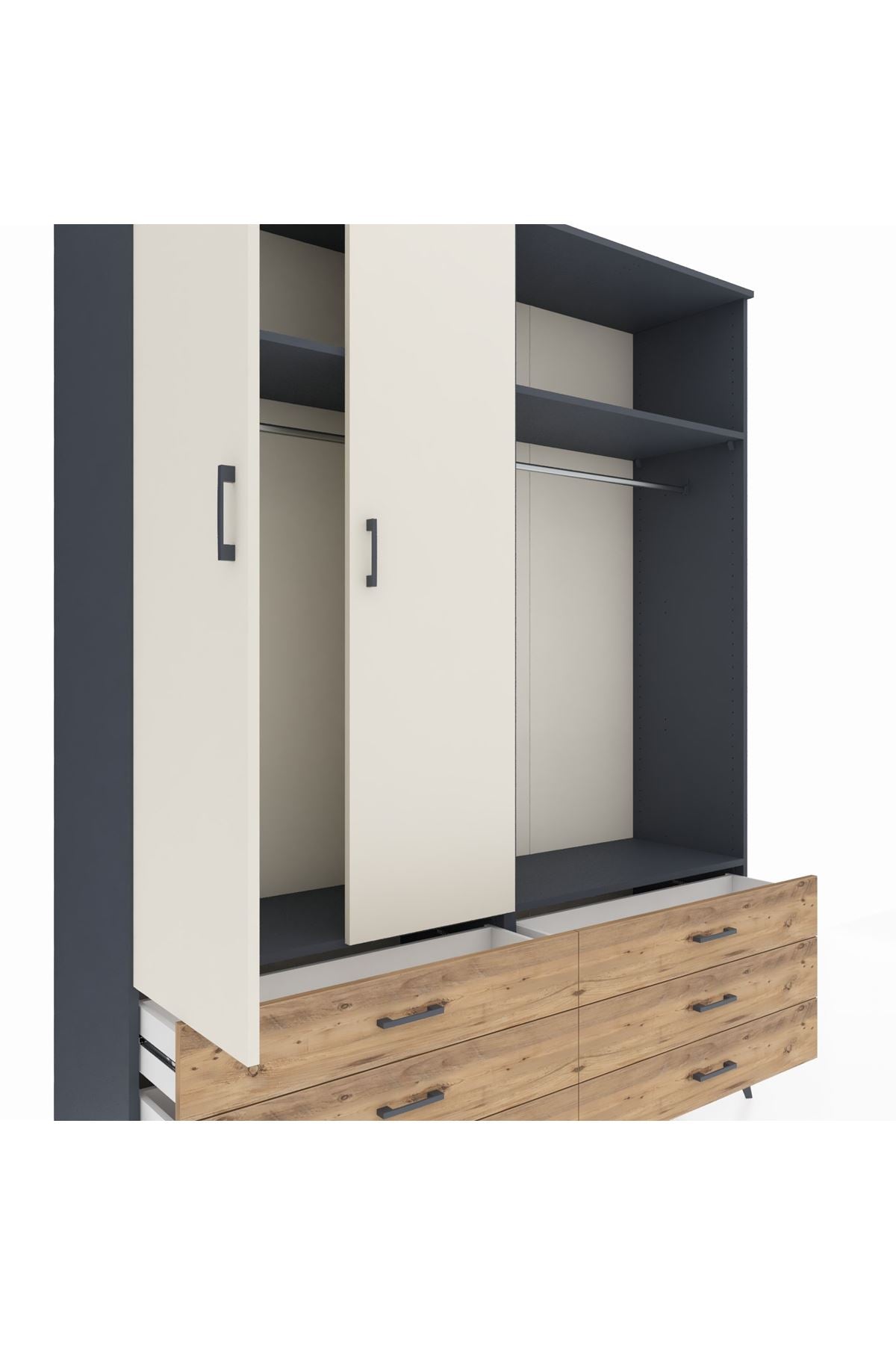 Hyperion Gardrop 4 Raflı 6 Çekmeceli 2 Askılı 176x44x221 Antrasit-Aytaşı/Çam