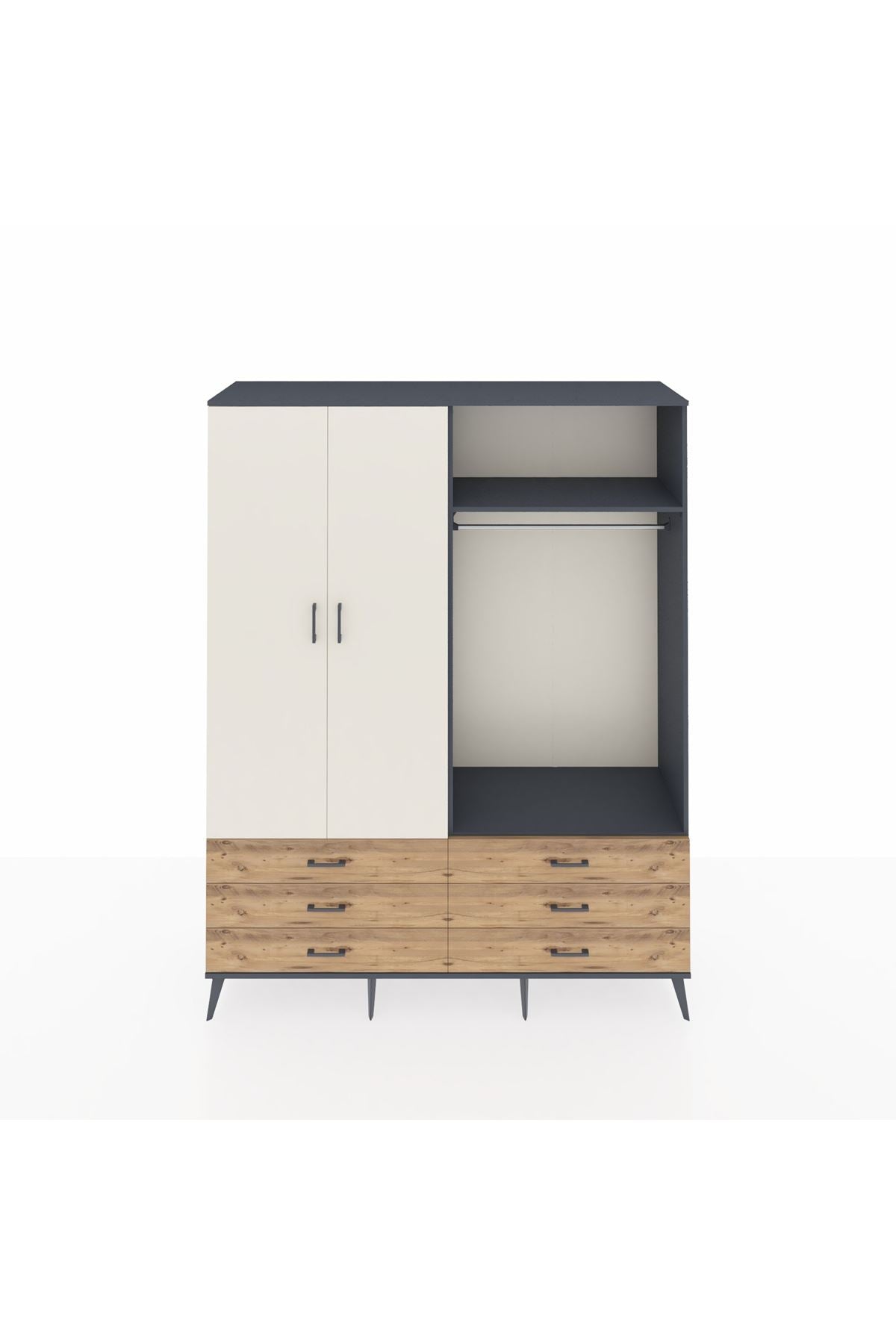 Hyperion Gardrop 4 Raflı 6 Çekmeceli 2 Askılı 176x44x221 Antrasit-Aytaşı/Çam