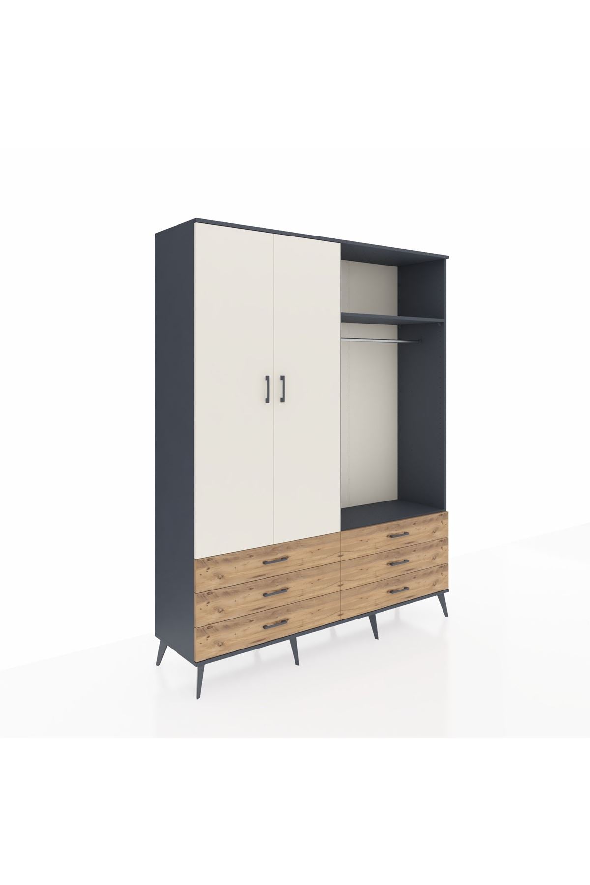 Hyperion Gardrop 4 Raflı 6 Çekmeceli 2 Askılı 176x44x221 Antrasit-Aytaşı/Çam