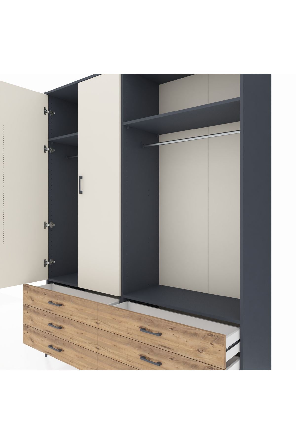 Hyperion Gardrop 4 Raflı 6 Çekmeceli 2 Askılı 176x44x221 Antrasit-Aytaşı/Çam