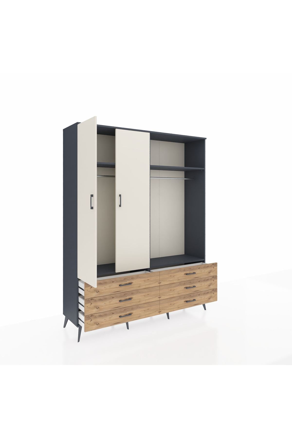 Hyperion Gardrop 4 Raflı 6 Çekmeceli 2 Askılı 176x44x221 Antrasit-Aytaşı/Çam