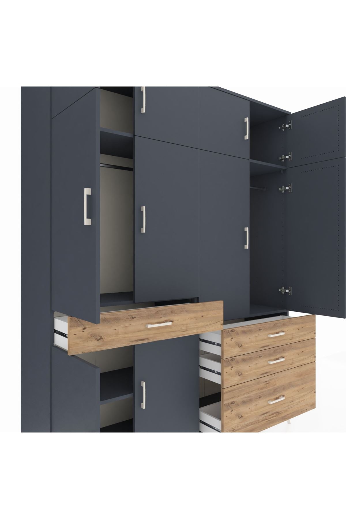 Hyperion Gardrop 5 Raflı 4 Çekmeceli 2 Askılı 176x44x221 Antrasit-Antrasit/Çam