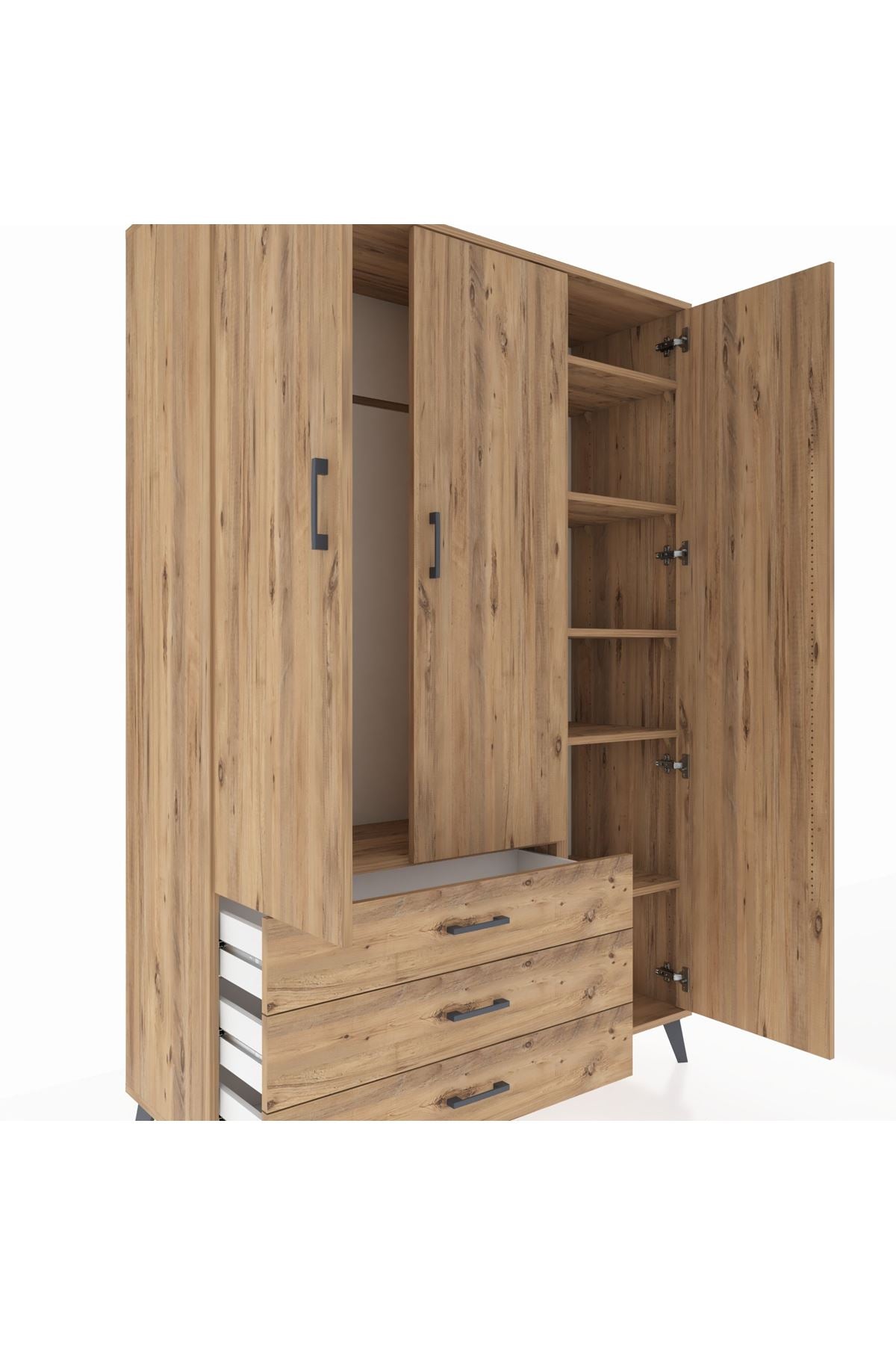 Hyperion Gardrop 6 Raflı 3 Çekmeceli Tek Askılı 132x44x195 Çam-Çam