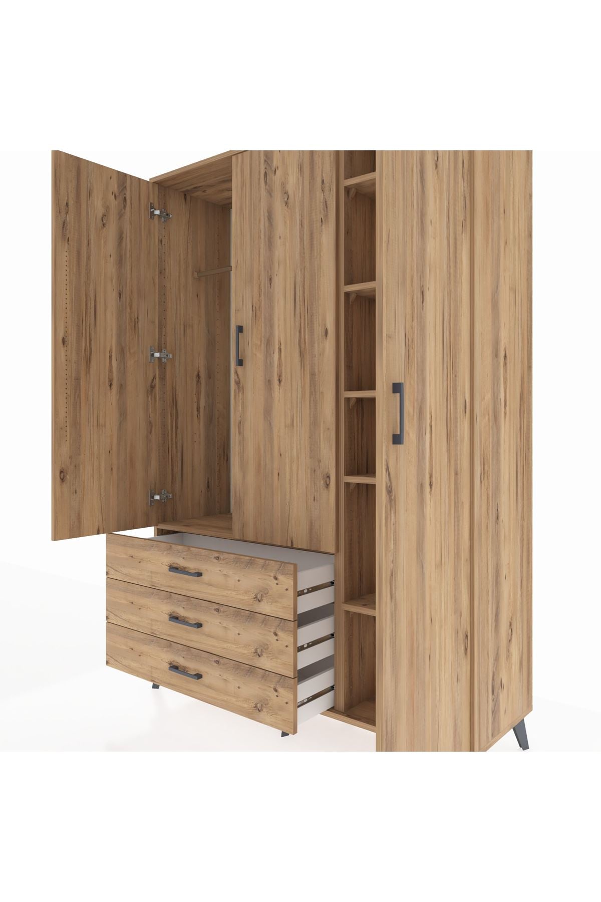 Hyperion Gardrop 6 Raflı 3 Çekmeceli Tek Askılı 132x44x195 Çam-Çam