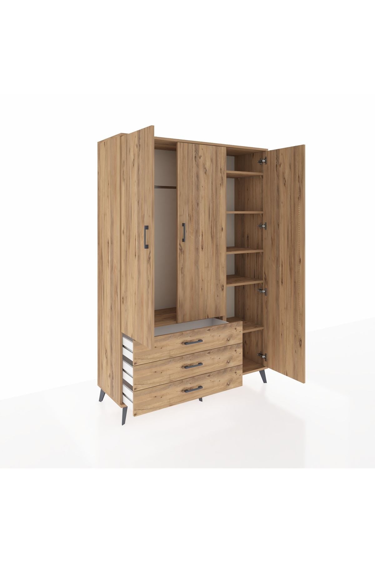 Hyperion Gardrop 6 Raflı 3 Çekmeceli Tek Askılı 132x44x195 Çam-Çam
