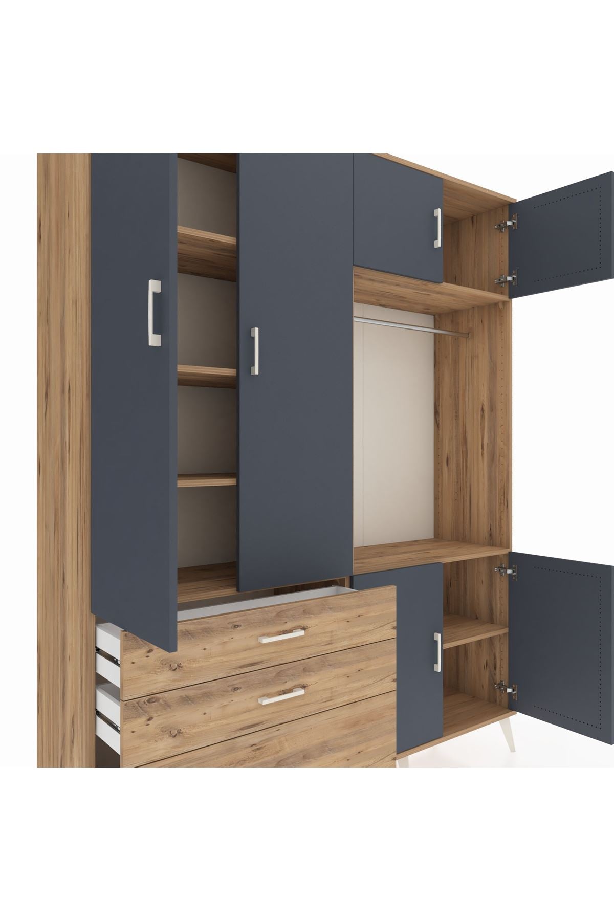 Hyperion Gardrop 7 Raflı 3 Çekmeceli Tek Askılı 176x44x221 Çam-Antrasit/Çam