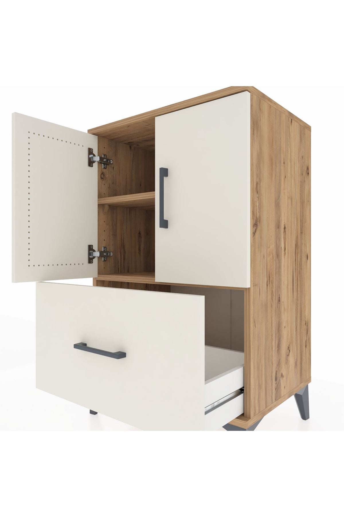 Hyperion Komodin 2 Raflı Tek Çekmeceli 2 Kapaklı 60x44x96 Çam-Aytaşı