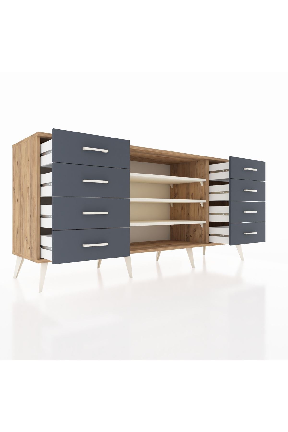 Hyperion Konsol 3 Raflı 8 Çekmeceli  176x44x83 Çam-Aytaşı/Antrasit