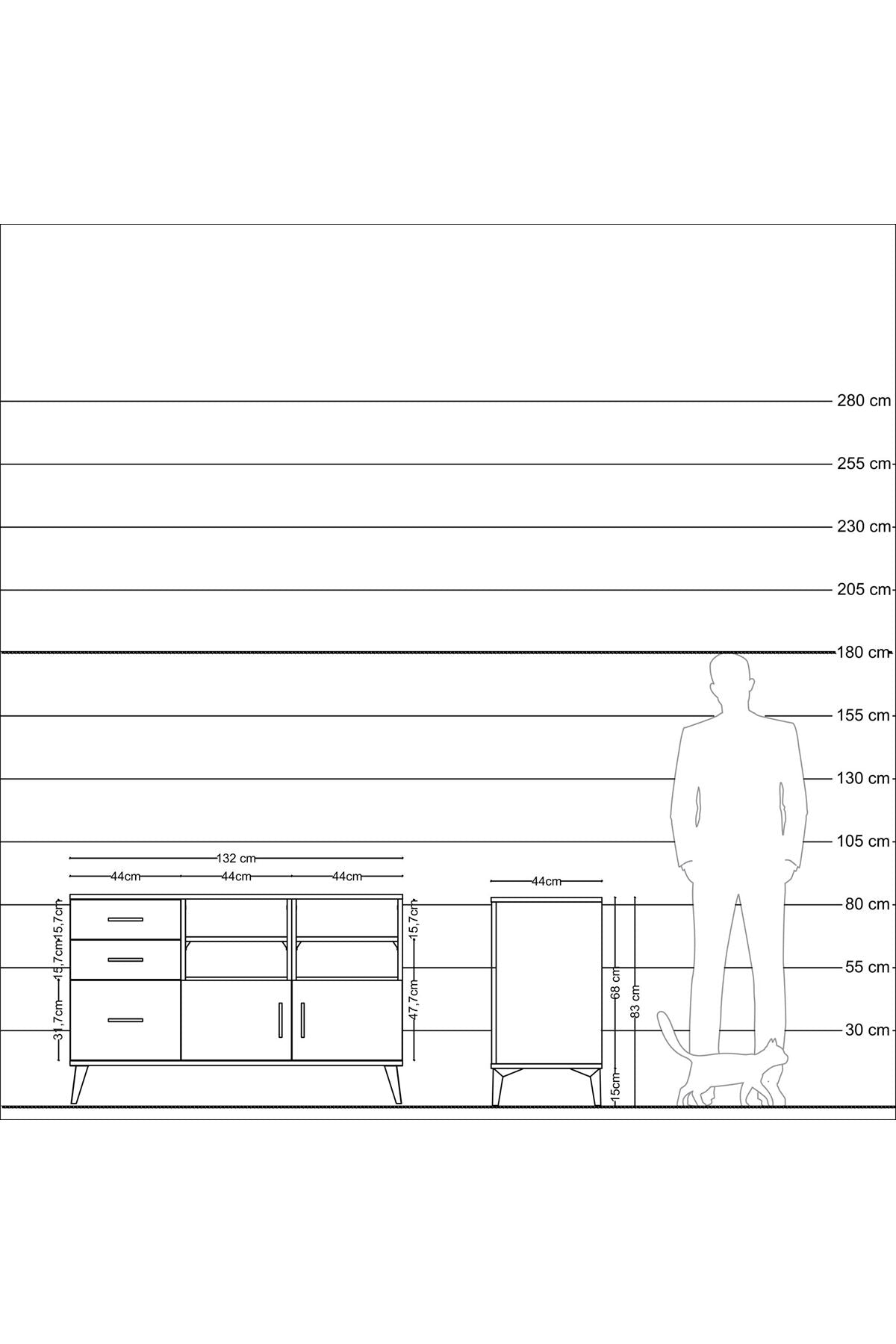 Hyperion Konsol 4 Raflı 3 Çekmeceli 2 Kapaklı 132x44x83 Çam-Antrasit