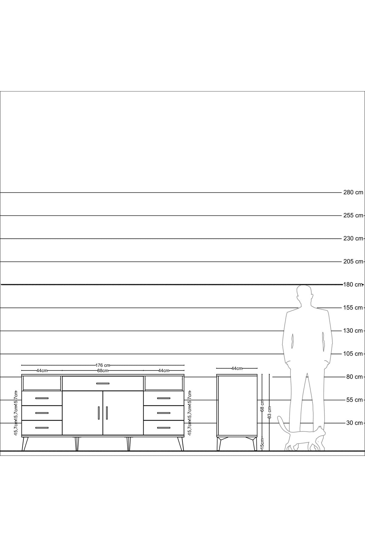 Hyperion Konsol 4 Raflı 7 Çekmeceli 2 Kapaklı 176x44x83 Çam-Antrasit