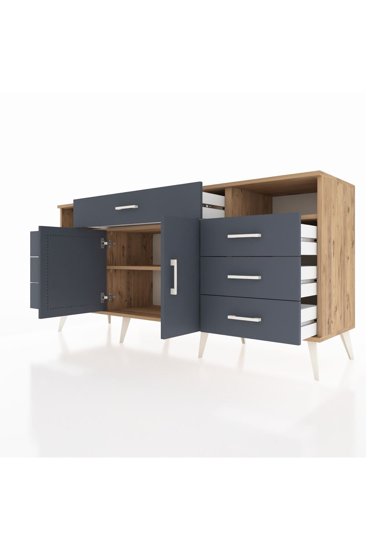 Hyperion Konsol 4 Raflı 7 Çekmeceli 2 Kapaklı 176x44x83 Çam-Antrasit