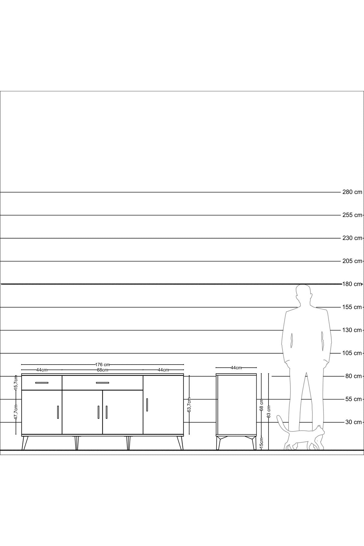 Hyperion Konsol 5 Raflı 2 Çekmeceli 4 Kapaklı 176x44x83 Çam-Antrasit