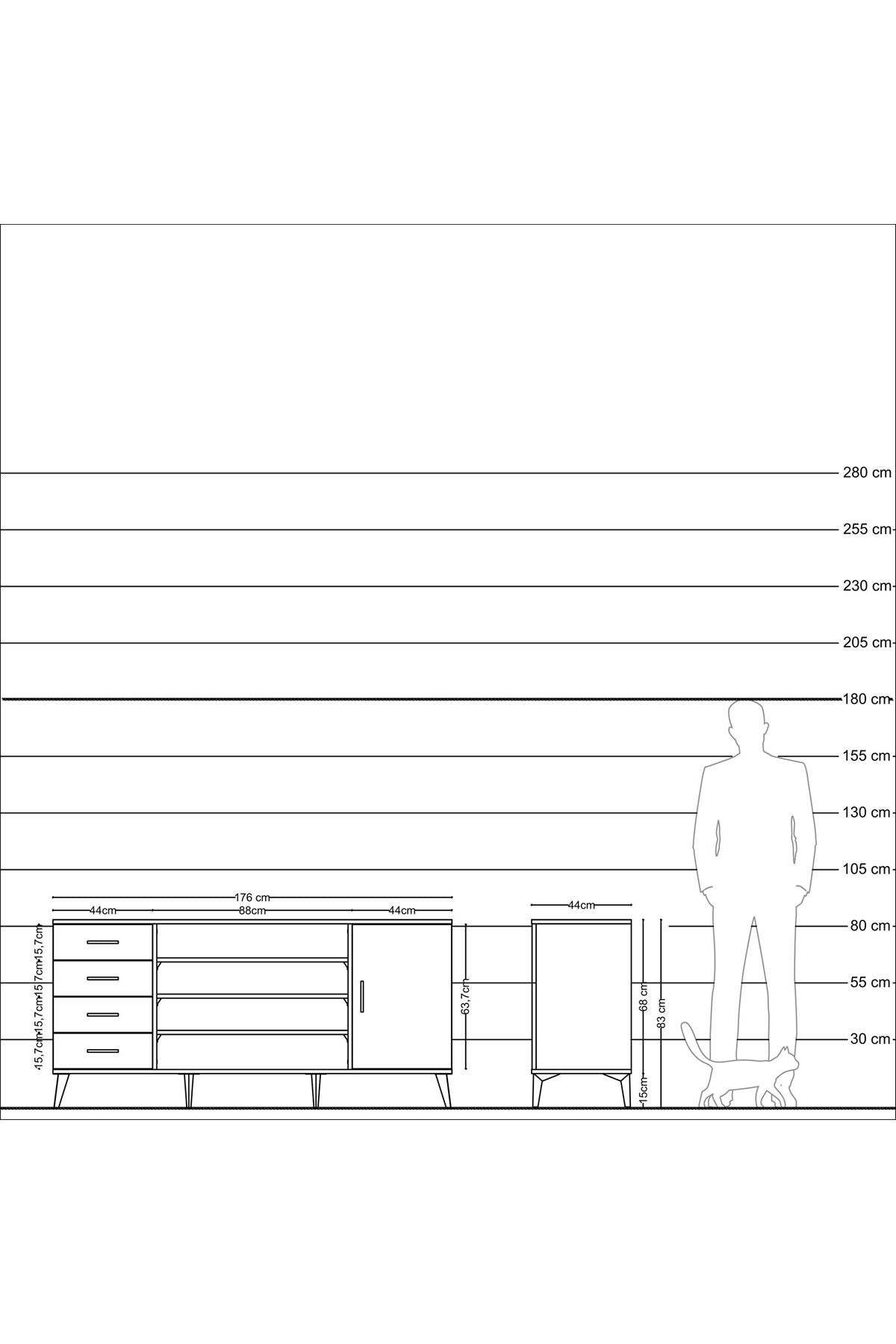 Hyperion Konsol 6 Raflı 4 Çekmeceli Tek Kapaklı  176x44x83 Çam-Antrasit