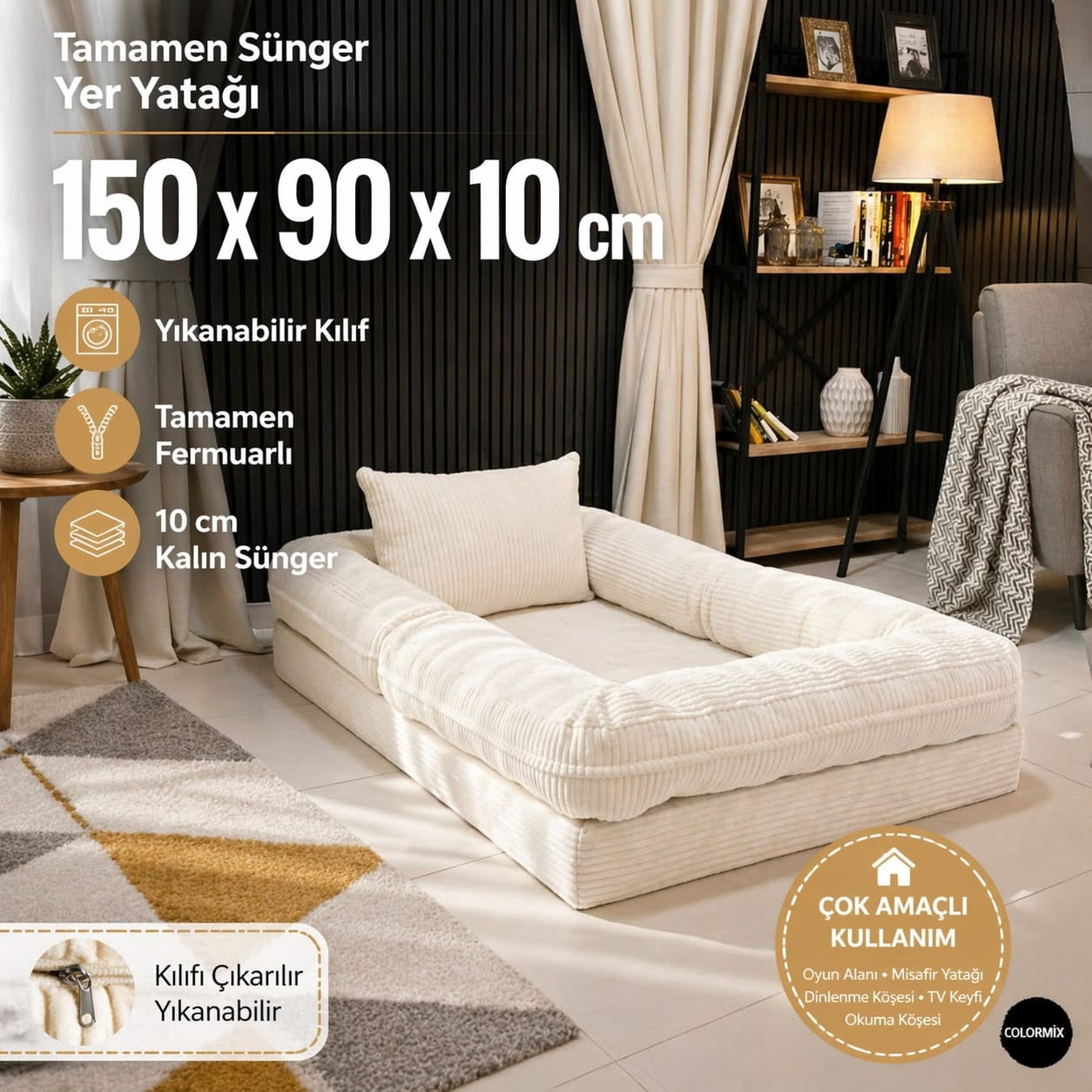 Çocuk Yer Yatağı 150x90 cm – Sünger Bebek Oyun Minderi Yıkanabilir Kılıflı | Beyaz