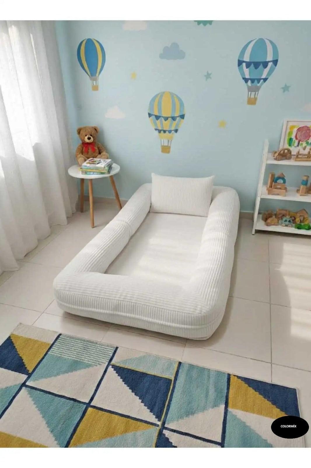 Çocuk Yer Yatağı 150x90 cm – Sünger Bebek Oyun Minderi Yıkanabilir Kılıflı | Beyaz
