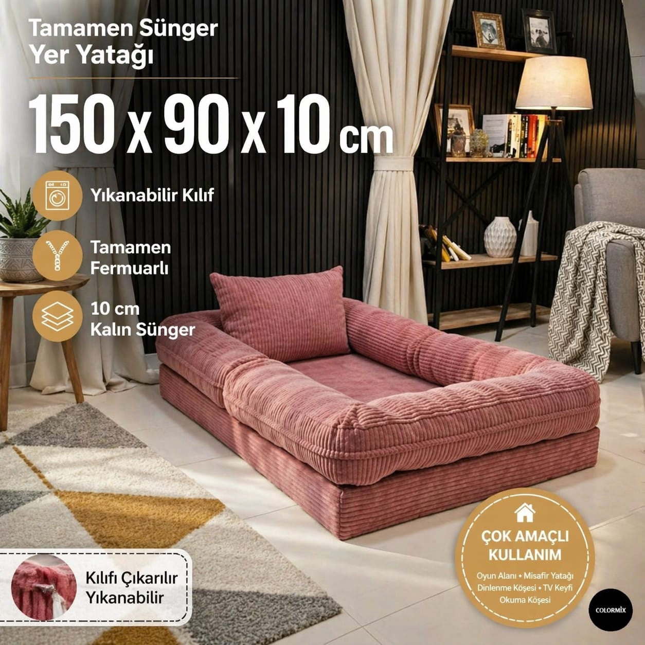 Çocuk Yer Yatağı 150x90 cm – Sünger Bebek Oyun Minderi Yıkanabilir Kılıflı | Pembe